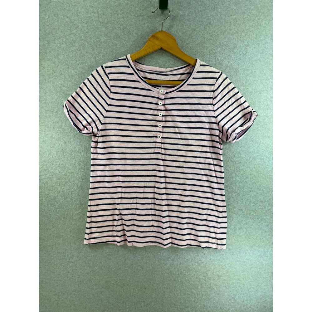 St. John’s Bay Women’s Pink Navy Striped Henley Shirt Size Small 3379